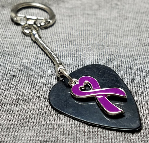 Purple Ribbon Heart Charm on Black Guitar Pick Keychain