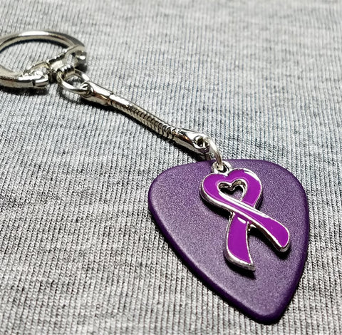 Purple Ribbon Heart Charm on Purple Matte Guitar Pick Keychain