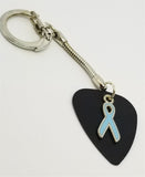 Light Blue Ribbon Charm on Black Guitar Pick Keychain