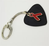 Red Ribbon Charm on Black Matte Guitar Pick Keychain