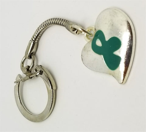 Teal Ribbon on a Silver Heart Charm Keychain
