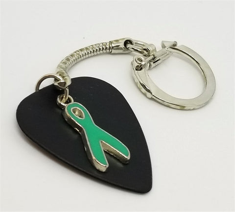 Teal Ribbon Charm on Black Matte Guitar Pick Keychain