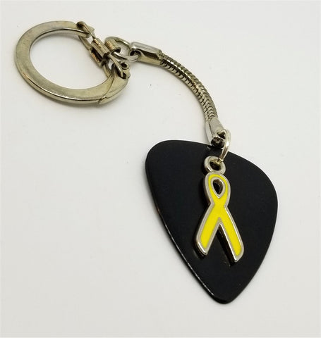Yellow Ribbon Charm on Black Guitar Pick Keychain