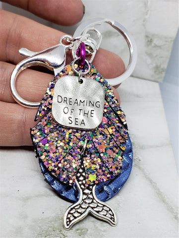Dreaming of the Sea Mermaid Keychain with Leather, Faux Leather, and Silver Toned Metal Charms