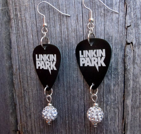 Linkin Park Guitar Pick Earrings with White Pave Bead Dangles