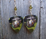 Marine Camo Guitar Pick Earrings with Green Swarovski Crystals