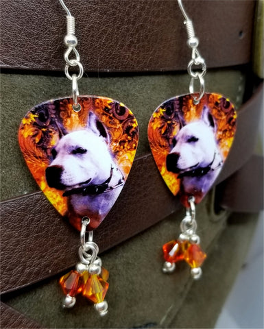Pit Bull Guitar Pick Earrings with Fire Opal Swarovski Crystal Dangles
