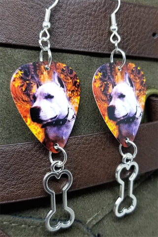Pit Bull Guitar Pick Earrings with Bone Charm Dangles