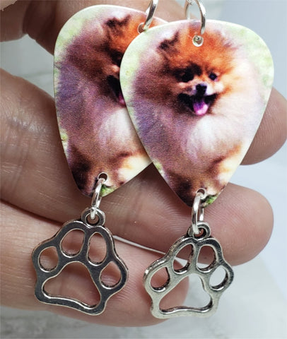 Pomeranian Guitar Pick Earrings with Paw Print Charms