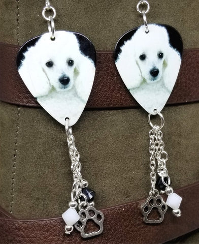 CLEARANCE White Mini Poodle Guitar Pick Earrings with Charm and Swarovski Crystal Dangles