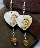 Tan Fluffy Poodle Guitar Pick Earrings with Brown Pave Bead Dangles