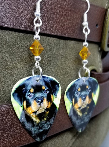 Rottweiler Puppy Guitar Pick Earrings with Topaz Swarovski Crystals