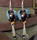 Rottweiler Guitar Pick Earrings with Paw Print Charm Black and Topaz Swarovski Crystal Dangles