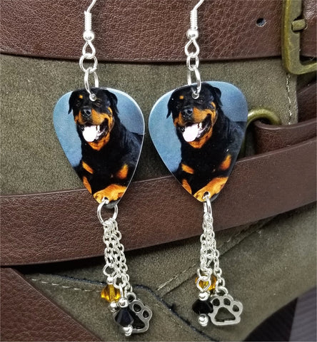Rottweiler Guitar Pick Earrings with Paw Print Charm Black and Topaz Swarovski Crystal Dangles
