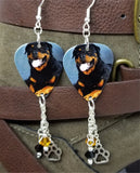Rottweiler Guitar Pick Earrings with Paw Print Charm Black and Topaz Swarovski Crystal Dangles