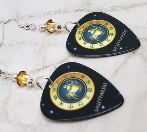 Horoscope Astrological Sign Sagittarius Guitar Pick Earrings with Metallic Sunshine Swarovski Crystals