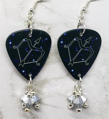 Horoscope Astrological Sign Sagittarius Guitar Pick Earrings with Metallic Silver Swarovski Crystal Dangles