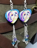 Shih Tzu Illustration Guitar Pick Earrings with Dog Bone Charm and Swarovski Crystal Dangles