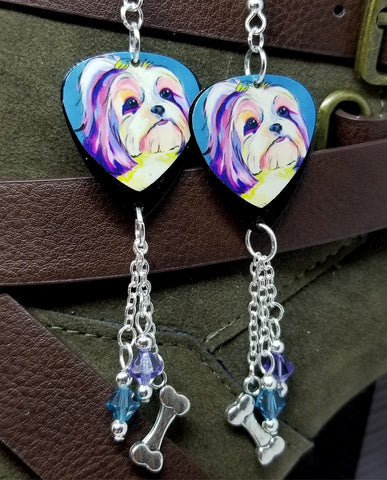 Shih Tzu Illustration Guitar Pick Earrings with Dog Bone Charm and Swarovski Crystal Dangles