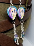 Shih Tzu Illustration Guitar Pick Earrings with Dog Bone Charm and Swarovski Crystal Dangles