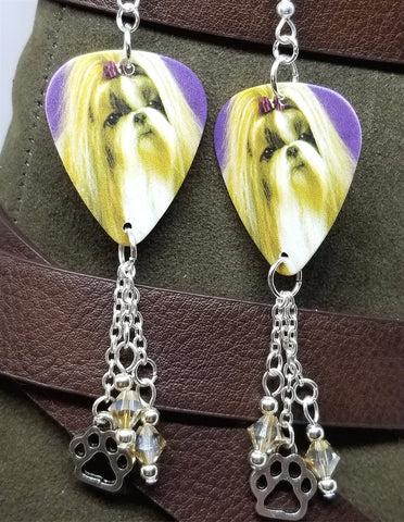 CLEARANCE Shih Tzu Guitar Pick Earrings with Paw Print Charm and Swarovski Crystal Dangles