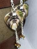 Shih Tzu Guitar Pick Earrings with Bow Charm and Swarovski Crystal Dangles