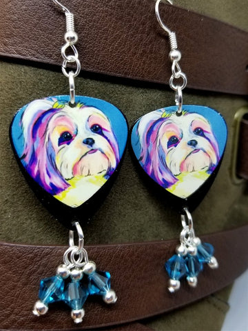 Shih Tzu Illustration Guitar Pick Earrings with Ocean Blue Swarovski Crystal Dangles