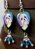 Shih Tzu Illustration Guitar Pick Earrings with Ocean Blue Swarovski Crystal Dangles