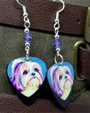 Shih Tzu Illustration Guitar Pick Earrings with Purple Swarovski Crystals