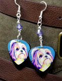 Shih Tzu Illustration Guitar Pick Earrings with Purple Swarovski Crystals