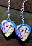 Shih Tzu Illustration Guitar Pick Earrings with Purple Swarovski Crystals