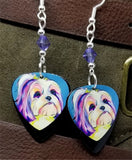 Shih Tzu Illustration Guitar Pick Earrings with Purple Swarovski Crystals