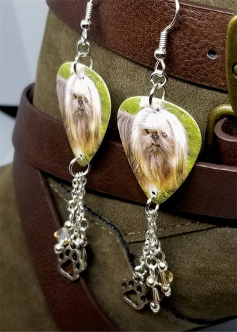 Shih Tzu Guitar Pick Earrings with Paw Print Charm and Swarovski Crystal Dangles