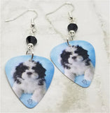 Shih Tzu Puppy Guitar Pick Earrings with Black Swarovski Crystals