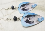 Shih Tzu Puppy Guitar Pick Earrings with Black Swarovski Crystals