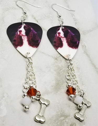 Springer Spaniel Guitar Pick Earrings with Dog Bone Charm and Swarovski Crystal Dangles