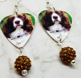 Springer Spaniel Guitar Pick Earrings with Brown Pave Bead Dangles