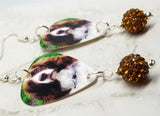Springer Spaniel Guitar Pick Earrings with Brown Pave Bead Dangles