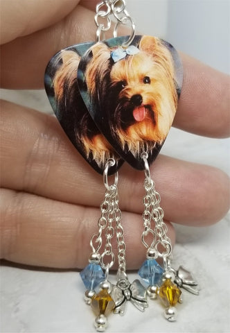 Yorkshire Terrier Yorkie Guitar Pick Earrings with a Bow Charm and Swarovski Crystal Dangles