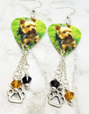 Yorkshire Terrier Yorkie Guitar Pick Earrings with a Paw Print Charm and Swarovski Crystal Dangles