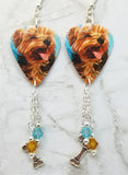 Yorkshire Terrier Yorkie Guitar Pick Earrings with a Bone Charm and Swarovski Crystal Dangles