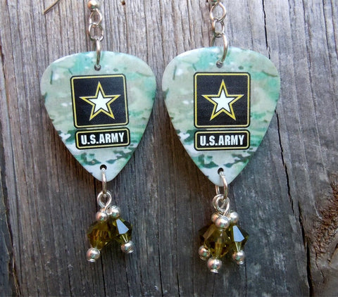Army Camouflage Guitar Pick Earrings with Olivine Swarovski Crystal Dangles