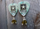 Army Camouflage Guitar Pick Earrings with Olivine Swarovski Crystal Dangles