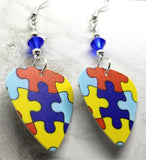 Puzzle Piece Autism Awareness Guitar Pick Earrings with Blue Swarovski Crystals