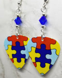 Puzzle Piece Autism Awareness Guitar Pick Earrings with Blue Swarovski Crystals