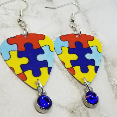 Puzzle Piece Autism Awareness Guitar Pick Earrings with Blue Crystal Charms