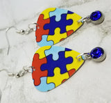 Puzzle Piece Autism Awareness Guitar Pick Earrings with Blue Crystal Charms