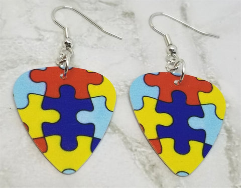 Puzzle Piece Autism Awareness Guitar Pick Earrings