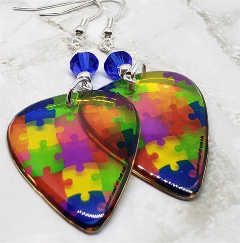 Transparent Puzzle Piece Guitar Picks with Blue Swarovski Crystals - Autism Awareness