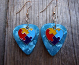 Puzzle Piece Heart Charm Guitar Pick Earrings - Pick Your Color - Autism Awareness